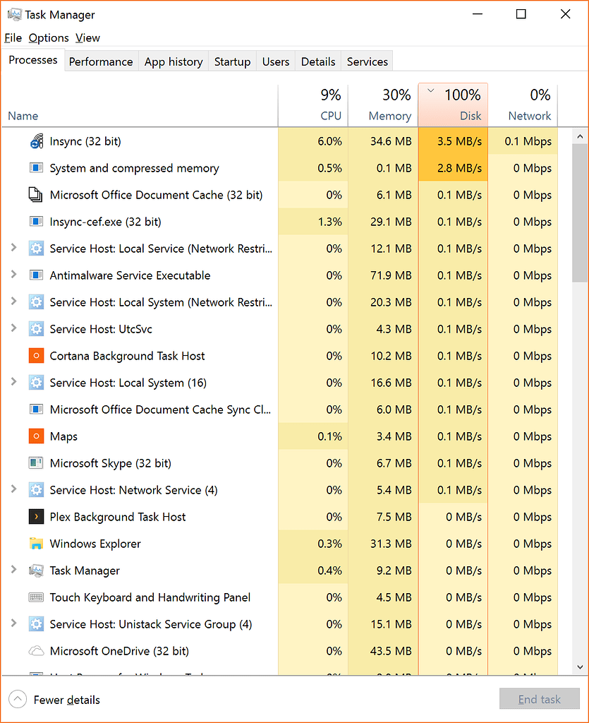 Disk usage 100% on Windows 10 after restarts - Windows - Insync Forums